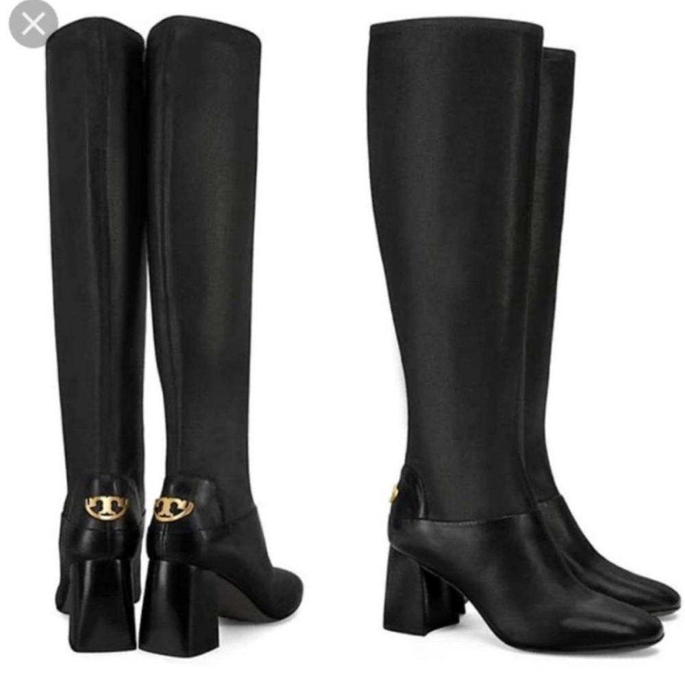 Tory Burch Sidney 70mm Napa Stretch leather boots Sz 7 Gold Block Chunk Heel